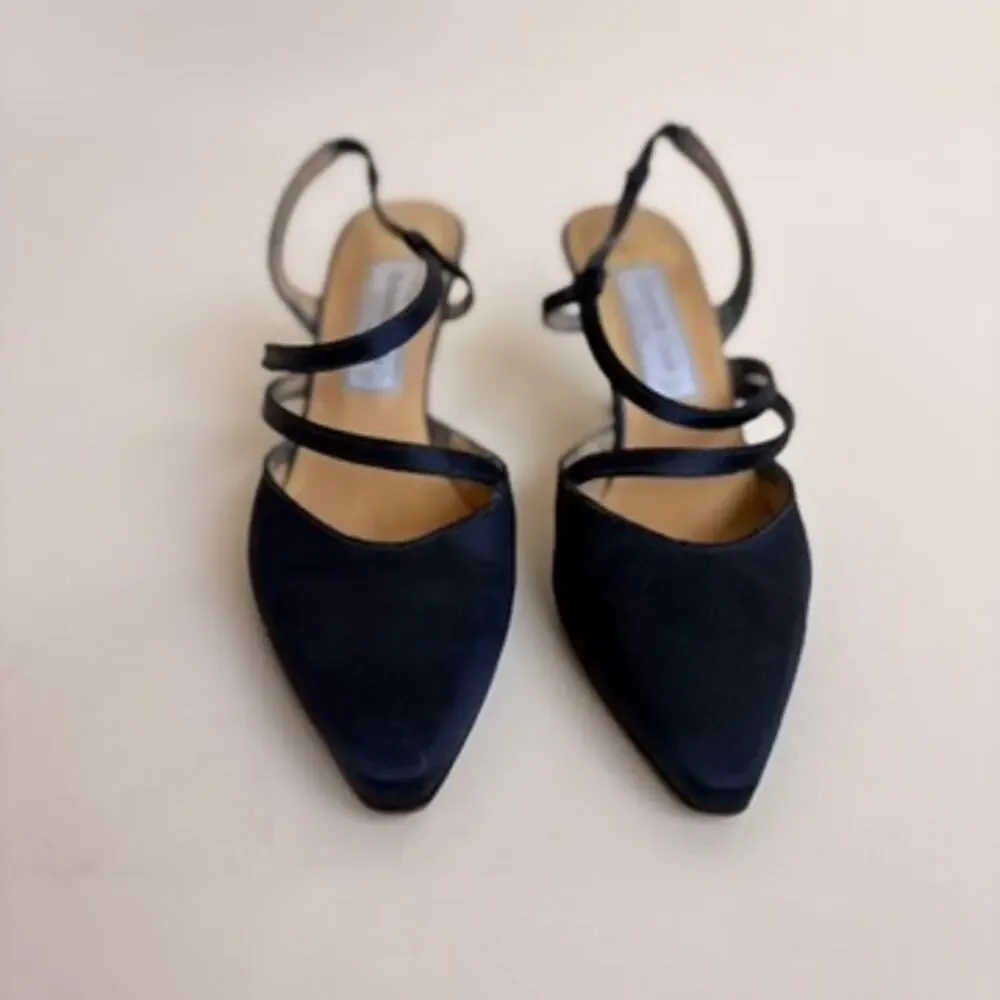 Kenneth Cole Navy Satin Kitten Heels - Pointed Toe, Slingback, Size 7.5